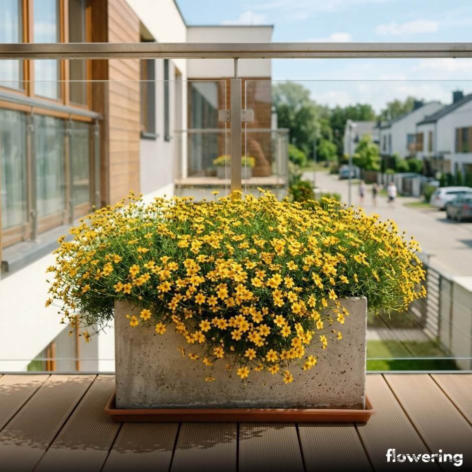 Żółty bidens w betonowej donicy na balkonie