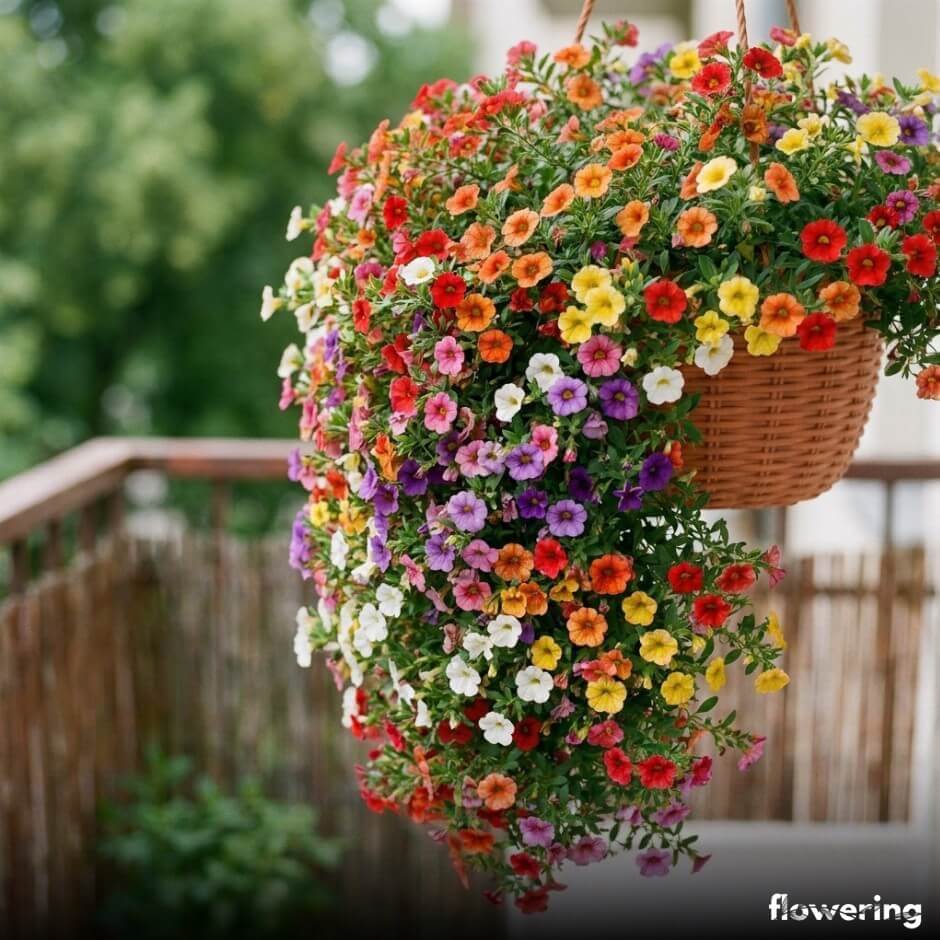 Calibrachoa million bells w wiszącej donicy z gęstą kaskadą kolorowych mini kwiatów