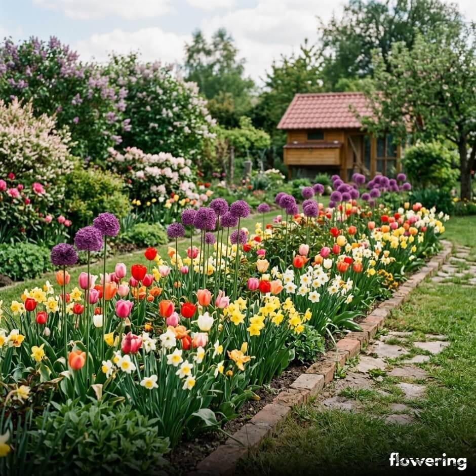 Tulipany i czosnek ozdobny na wiosennej rabacie