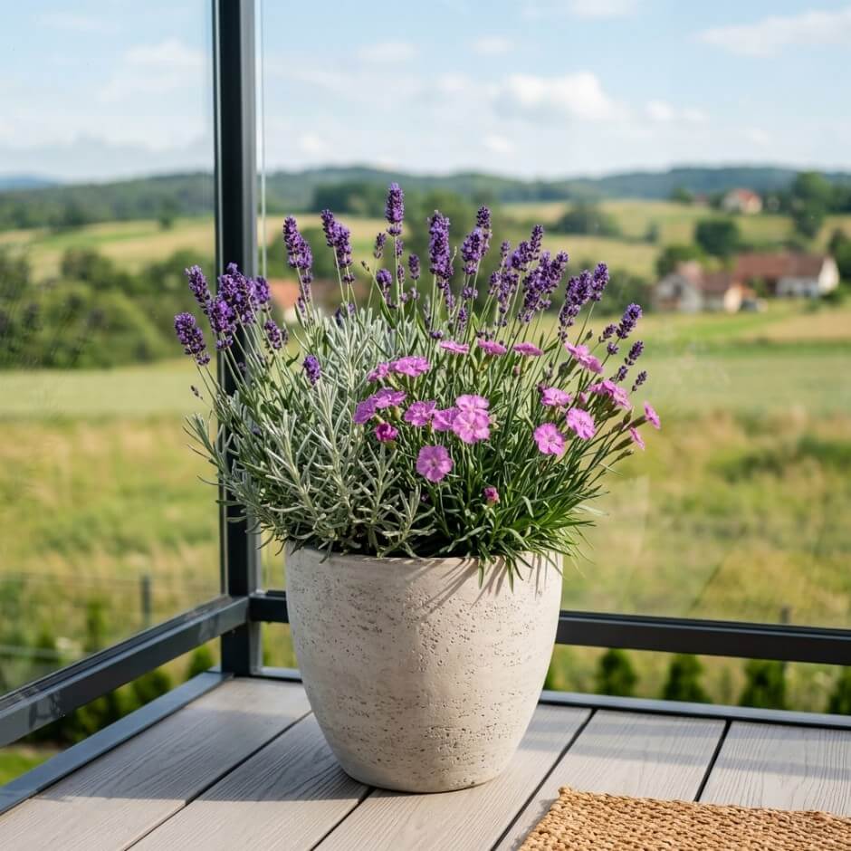 Goździk z lawendą w ceramicznej donicy na balkonie