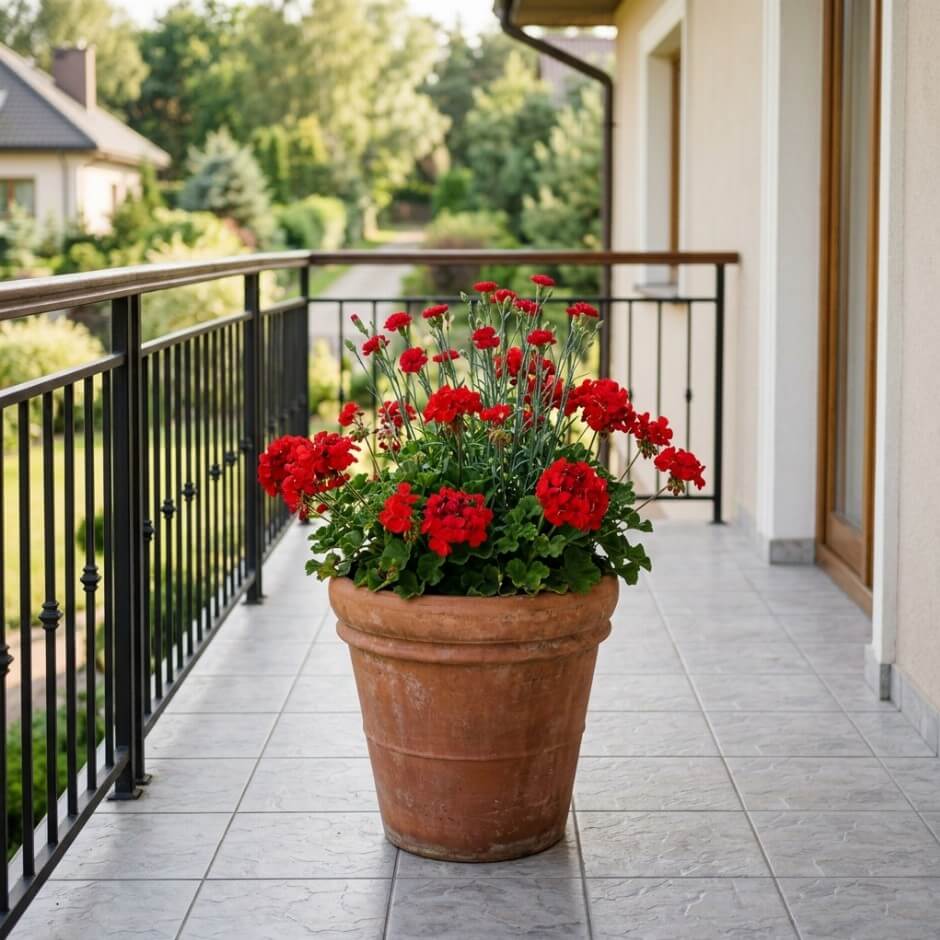 Goździk z czerwoną pelargonią w terakotowej donicy