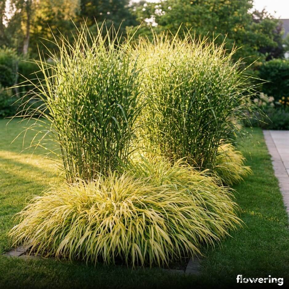 Złota hakonechloa u stóp wyższej trawy