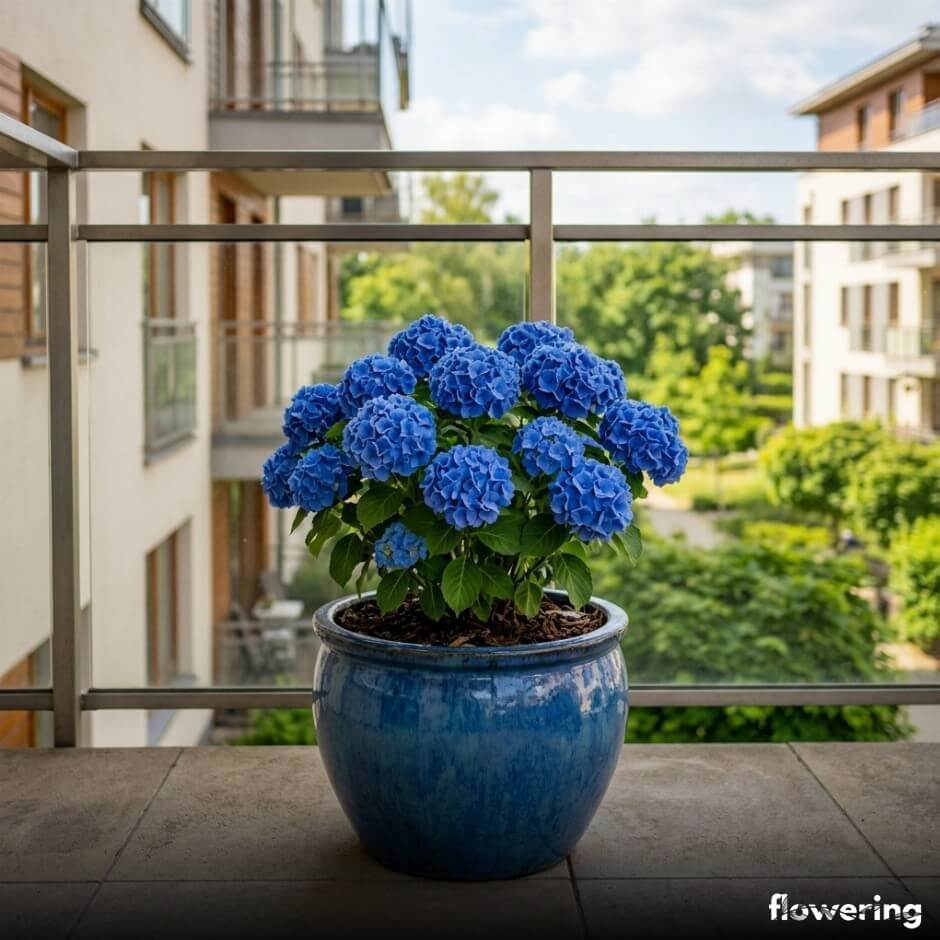 Niebieska hortensja 'Nikko Blue' w dużej donicy