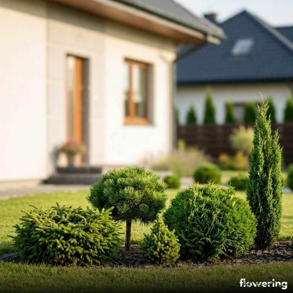 Karłowe iglaki w ogródku: (od lewej) gniazdowy świerk 'Nidiformis', kulista sosna górska 'Mops', drobny świerk 'Little Gem', tuja 'Danica' i wąski, słupkowaty jałowiec 'Compressa' 