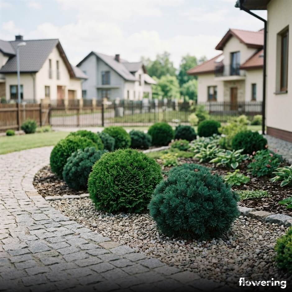 Kuliste iglaki wzdłuż krawędzi rabaty