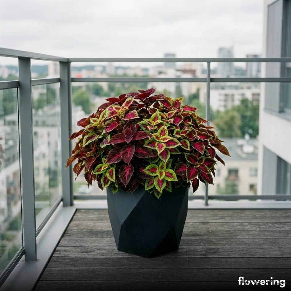 Koleus o barwnych liściach w czarnej donicy