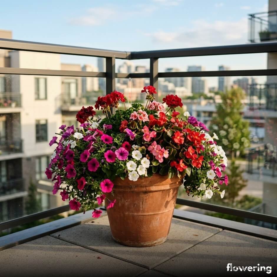 Letnia donica z surfiniami i pelargoniami
