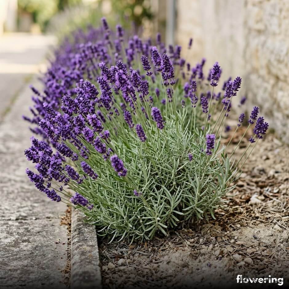 Lawenda Hidcote przy słonecznym chodniku