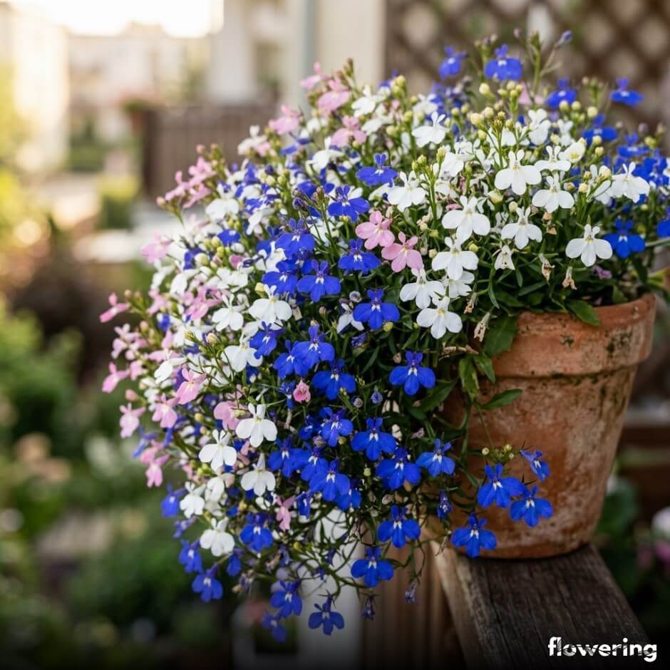 Lobelia przylądkowa o drobnych kwiatach w gęstej kępie w donicy na wschodnim balkonie