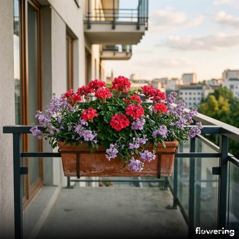 Maciejka z pelargonią w terakotowej skrzynce