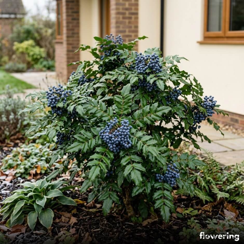 Mahonia pospolita z błyszczącymi liśćmi i granatowymi owocami