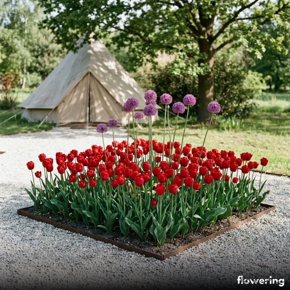 Geometryczna kompozycja z tulipanami i czosnkiem