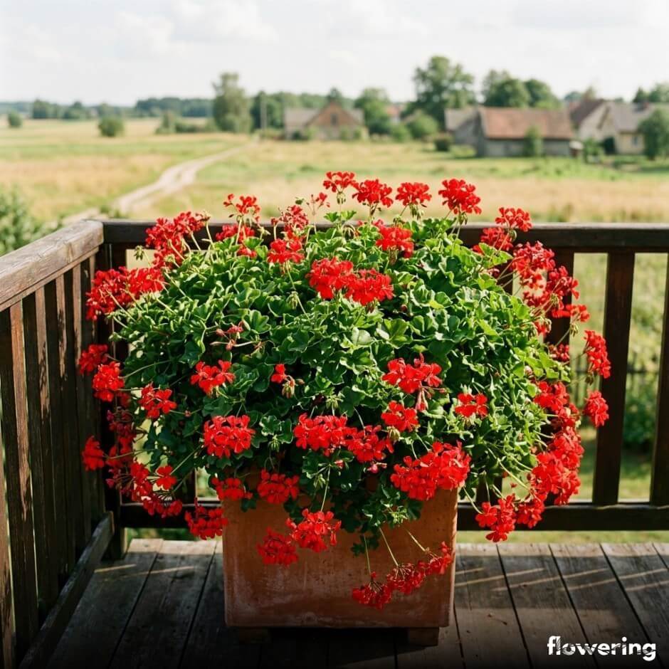 Pelargonia bluszczolistna w terakotowej skrzynce