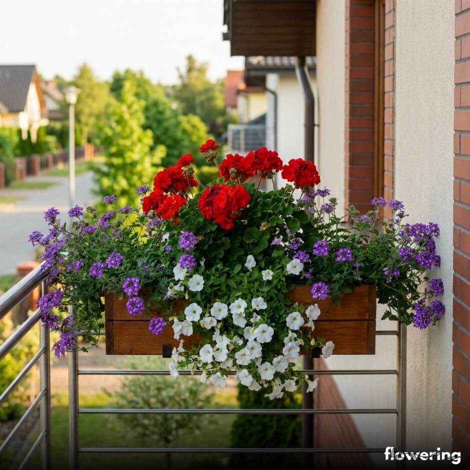 Pelargonia, werbena i surfinia w drewnianej skrzynce