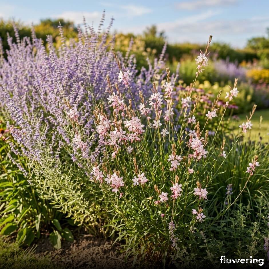 Różowa gaura z niebieskawą perowskią