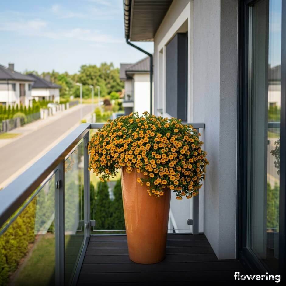 Calibrachoa w wysokiej szkliwionej donicy na balkonie