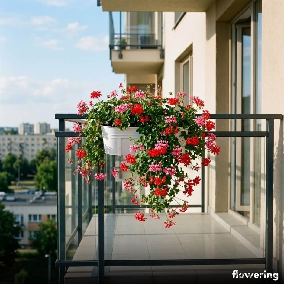 Kaskada pelargonii bluszczolistnej w skrzynce na balustradzie