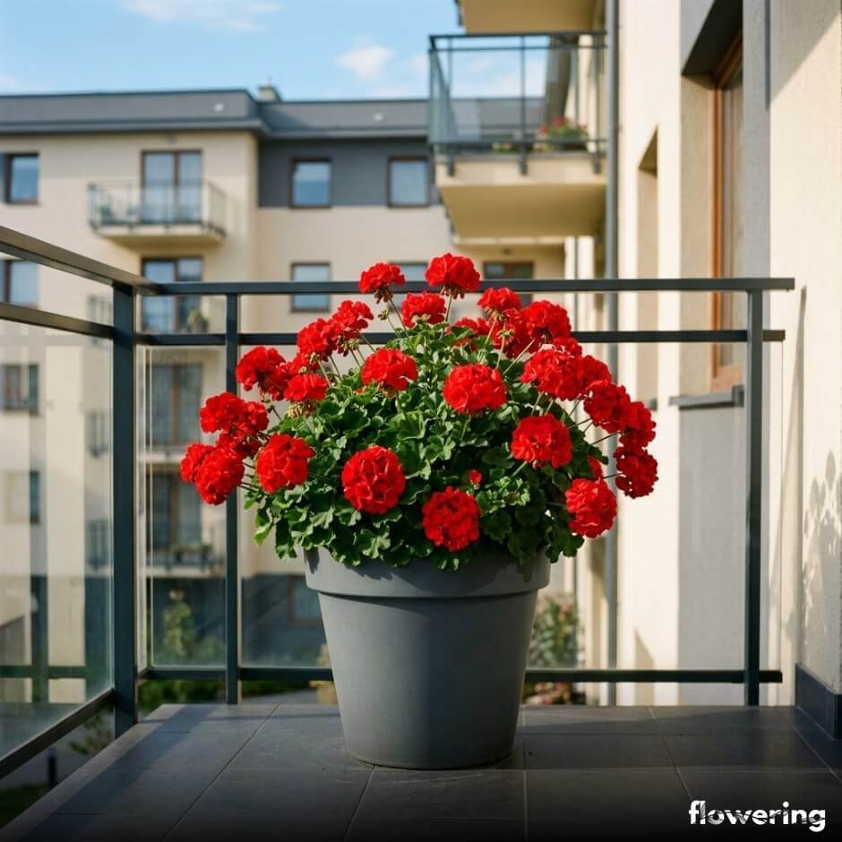 Pelargonia rabatowa w grafitowej donicy na balkonie