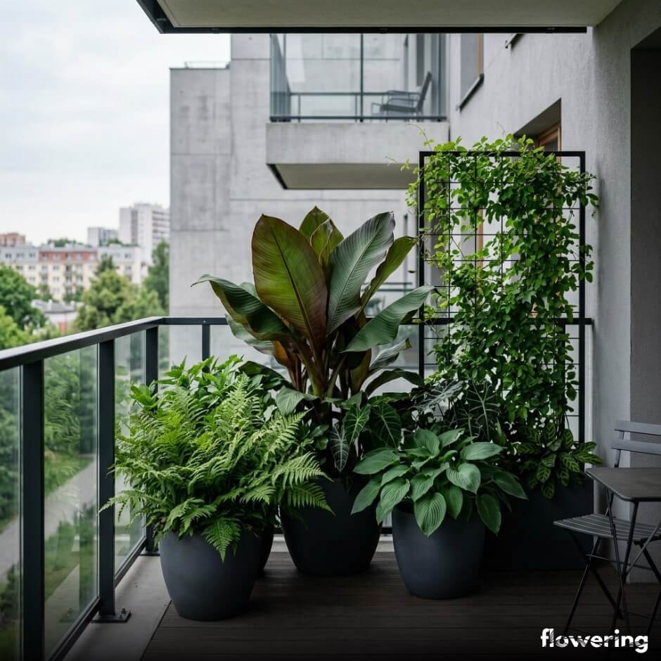 Nowoczesny balkon z kanną i paprociami