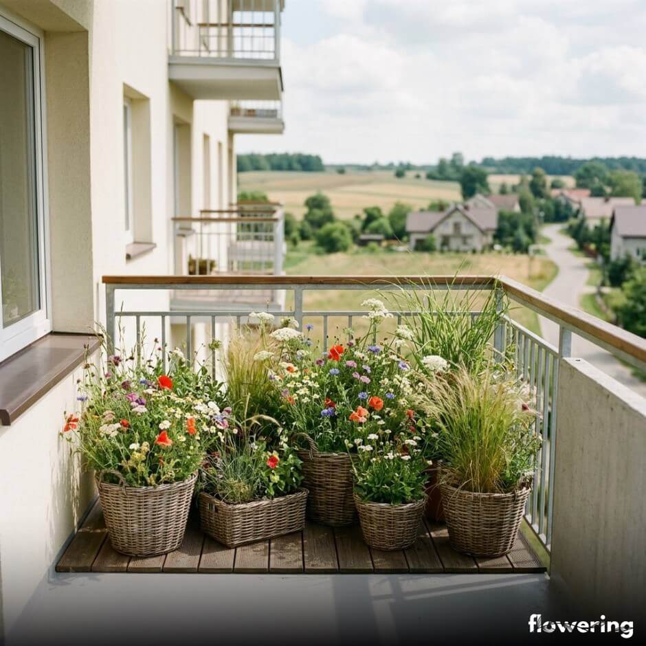 Rustykalny balkon z polnymi kwiatami w wiklinie