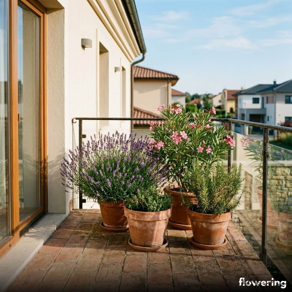 Śródziemnomorski balkon z lawendą i oleandrem