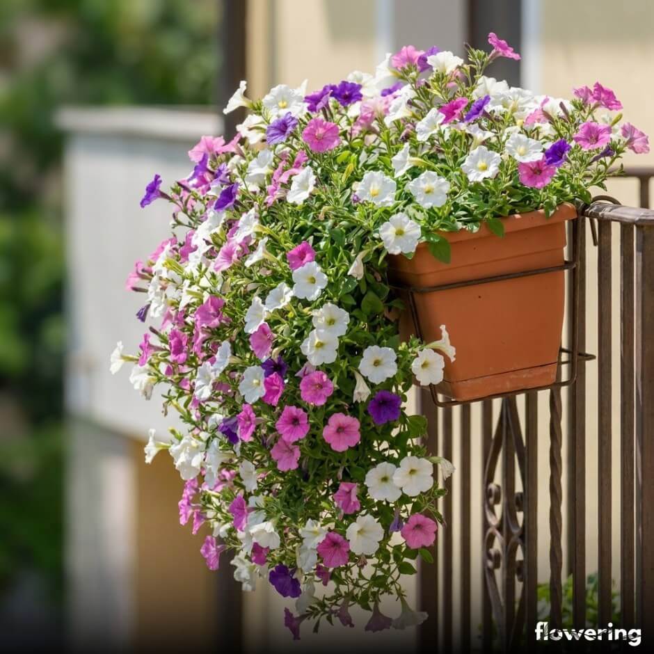Pelargonia bluszczolistna w skrzynce balkonowej z długimi pędami i kolorowymi kwiatami na wietrznym balkonie