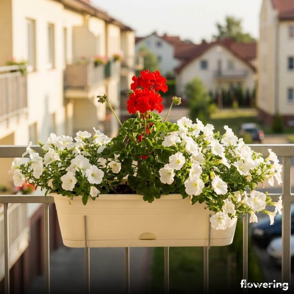 Czerwona pelargonia i biała surfinia w skrzynce