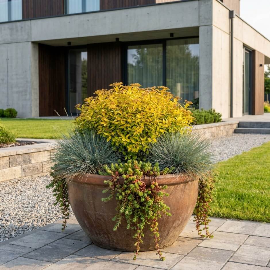 Tawuła japońska z kostrzewą w ceramicznej donicy