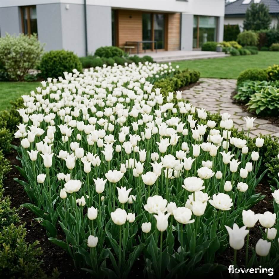 Biała monochromatyczna rabata tulipanów
