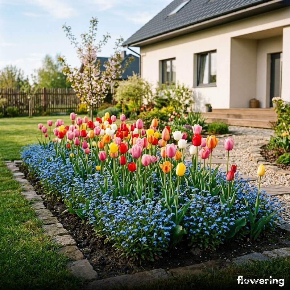 Tulipany nad błękitnym dywanem niezapominajek