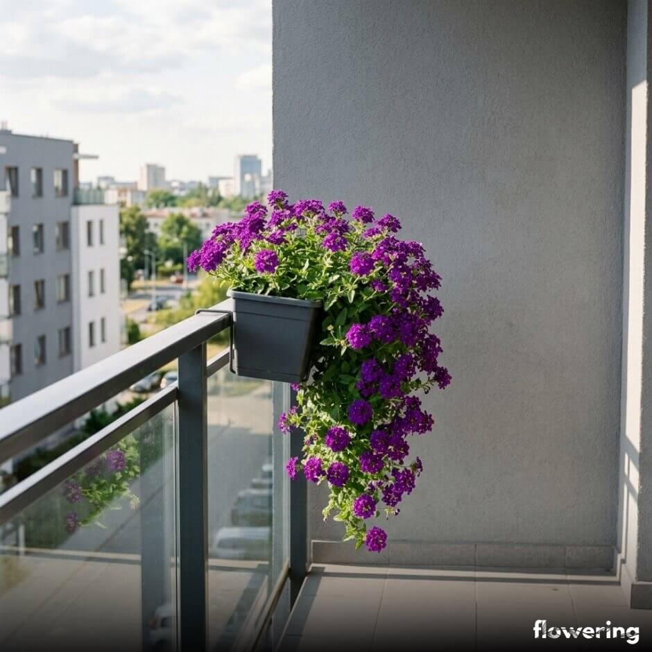 Fioletowa werbena na tle szarego tynku