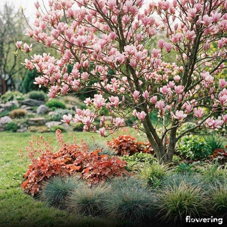 Kwitnąca magnolia z żurawkami w ogrodzie