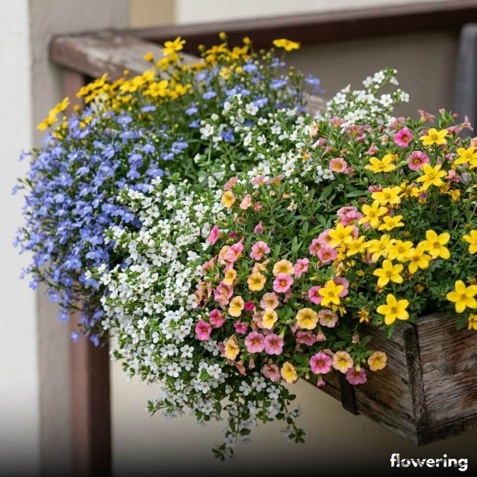 Balkonowa kompozycja roślin wypełniających: lobelia, bakopa, million bells i bidens