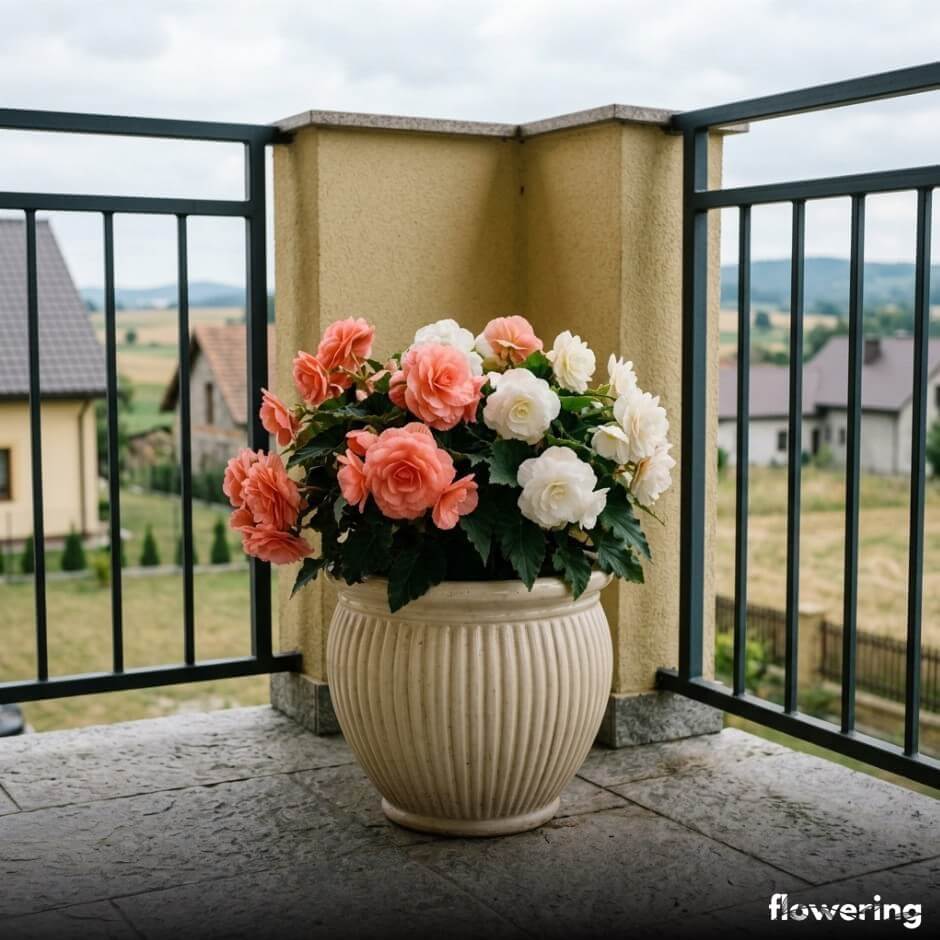 Begonia bulwiasta w kremowej żłobionej donicy