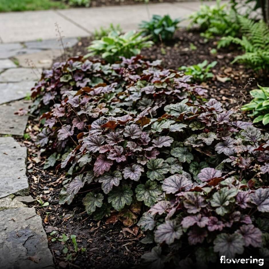 Żurawka (Heuchera) przy cienistym chodniku