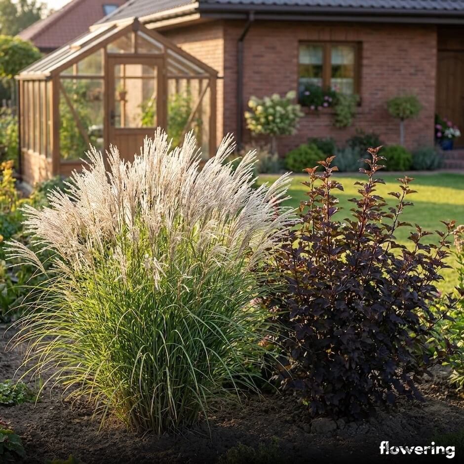 Miskant z purpurową pęcherznicą na rabacie