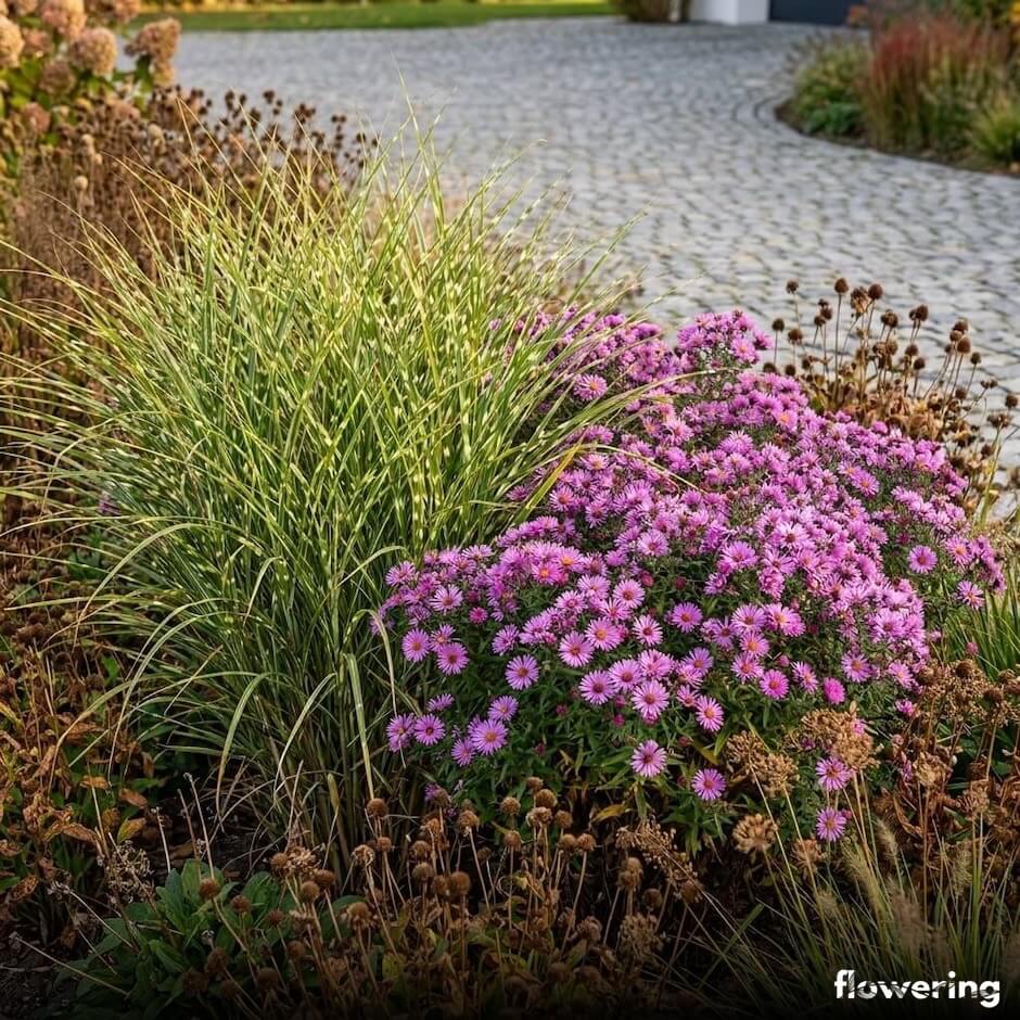Miskant zebrinus z astrem nowoangielskim jesienią
