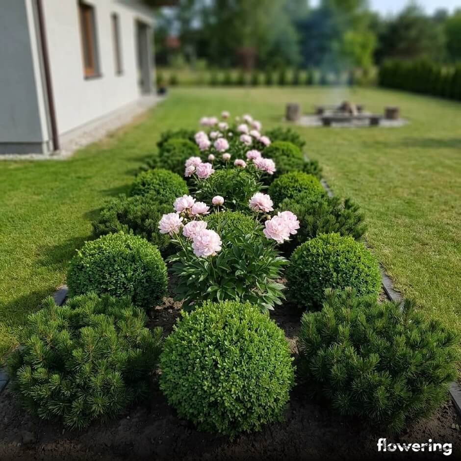Symetryczna rabata z piwoniami i bukszpanem