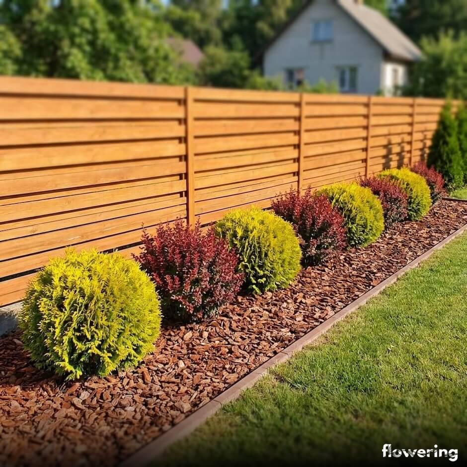 Złote kule tui 'Golden Danica' i purpurowy berberys Thunberga