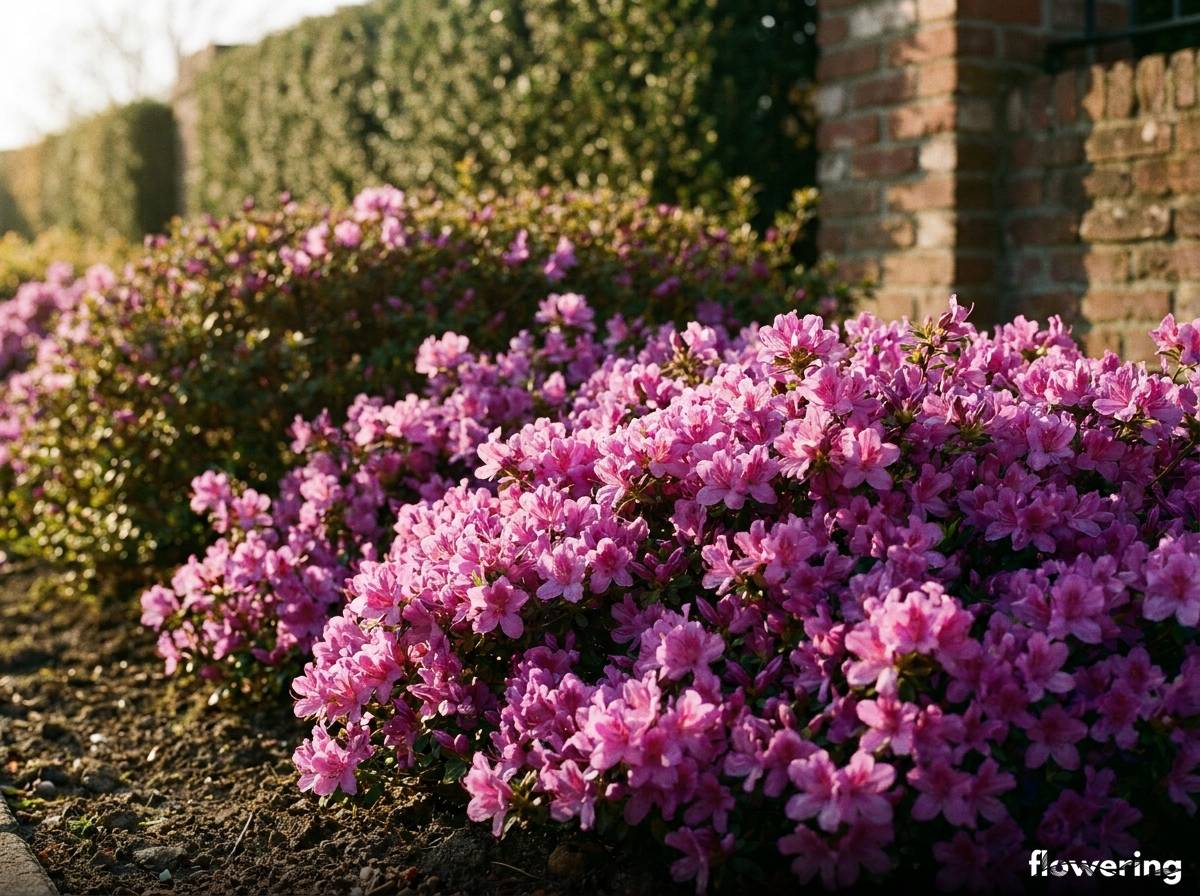 Azalia japońska średniej wysokości z fioletowo-purpurowymi kwiatami na rabacie