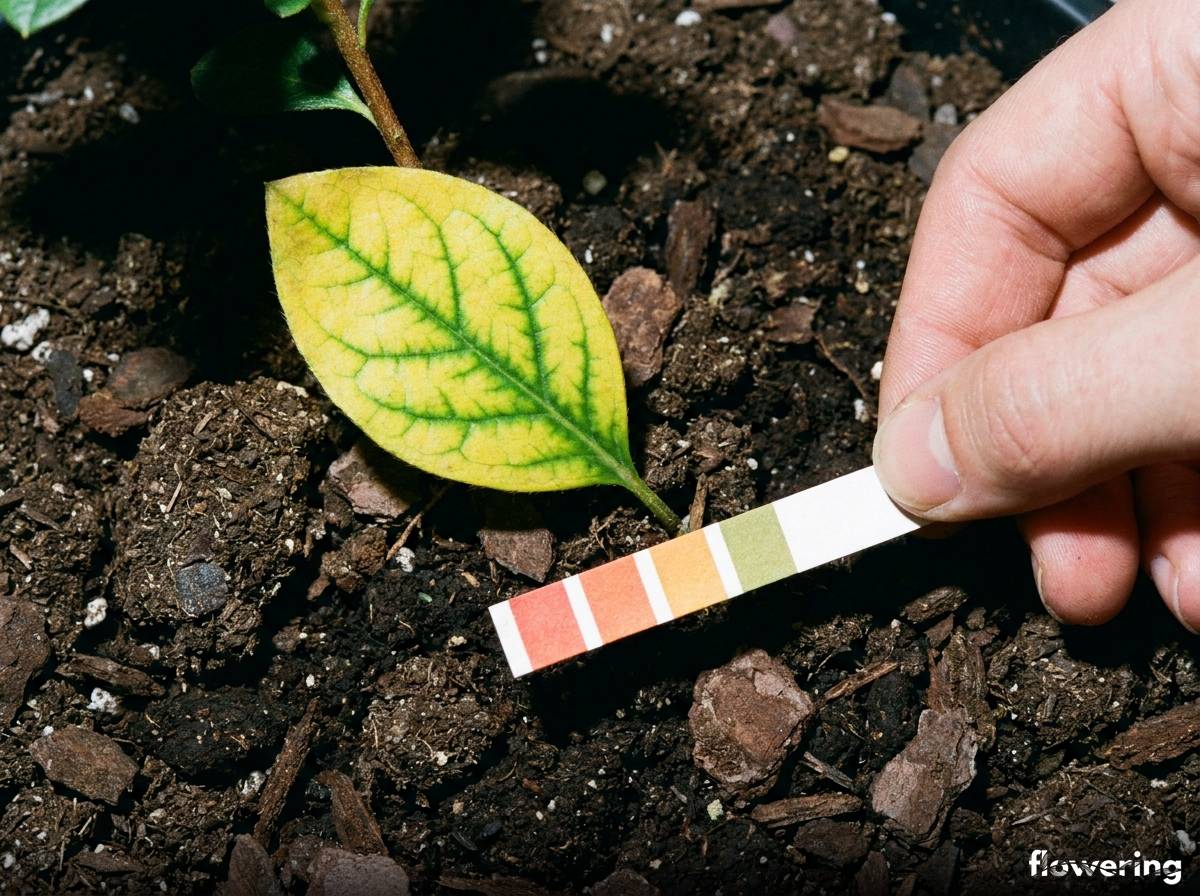 Zżółkły liść azalii z zielonymi nerwami i pasek testujący pH podłoża