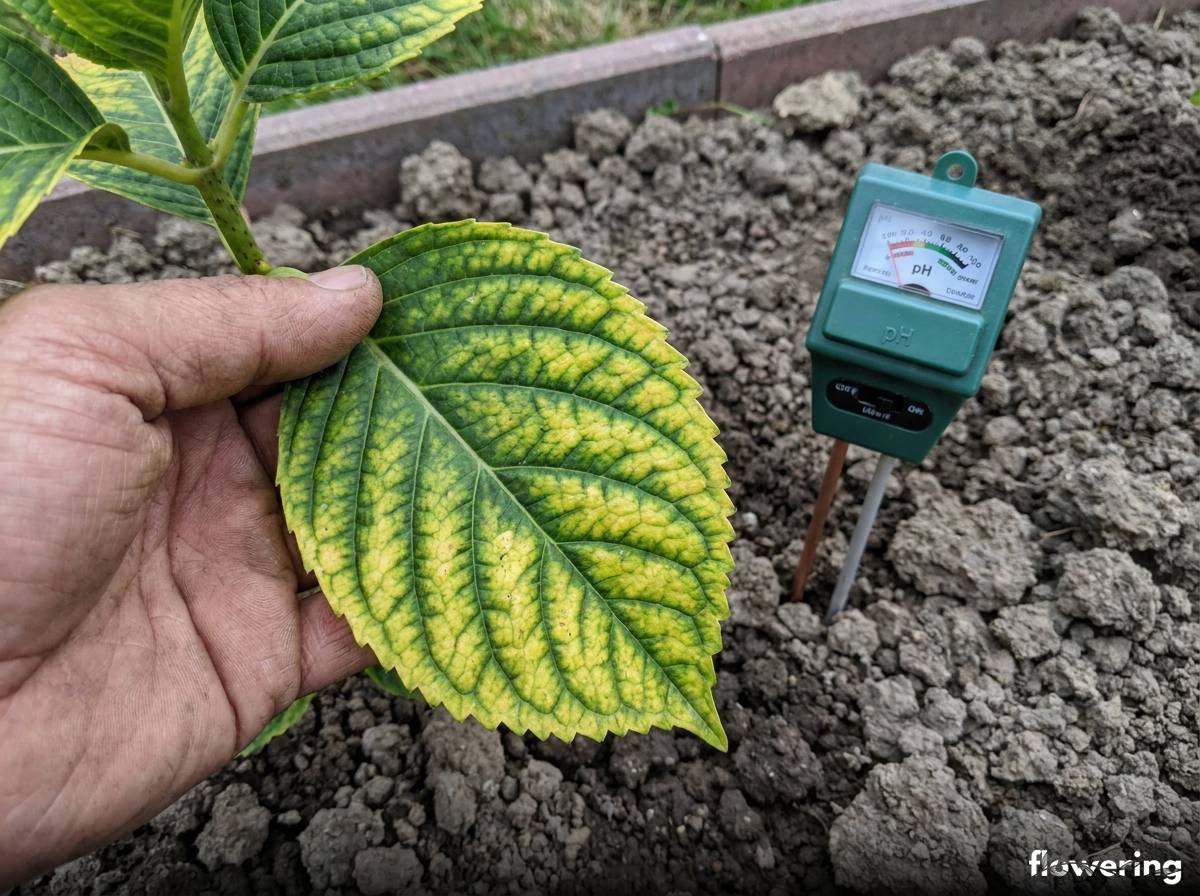 Liść hortensji ogrodowej z chlorozą i kwasomierzem glebowym