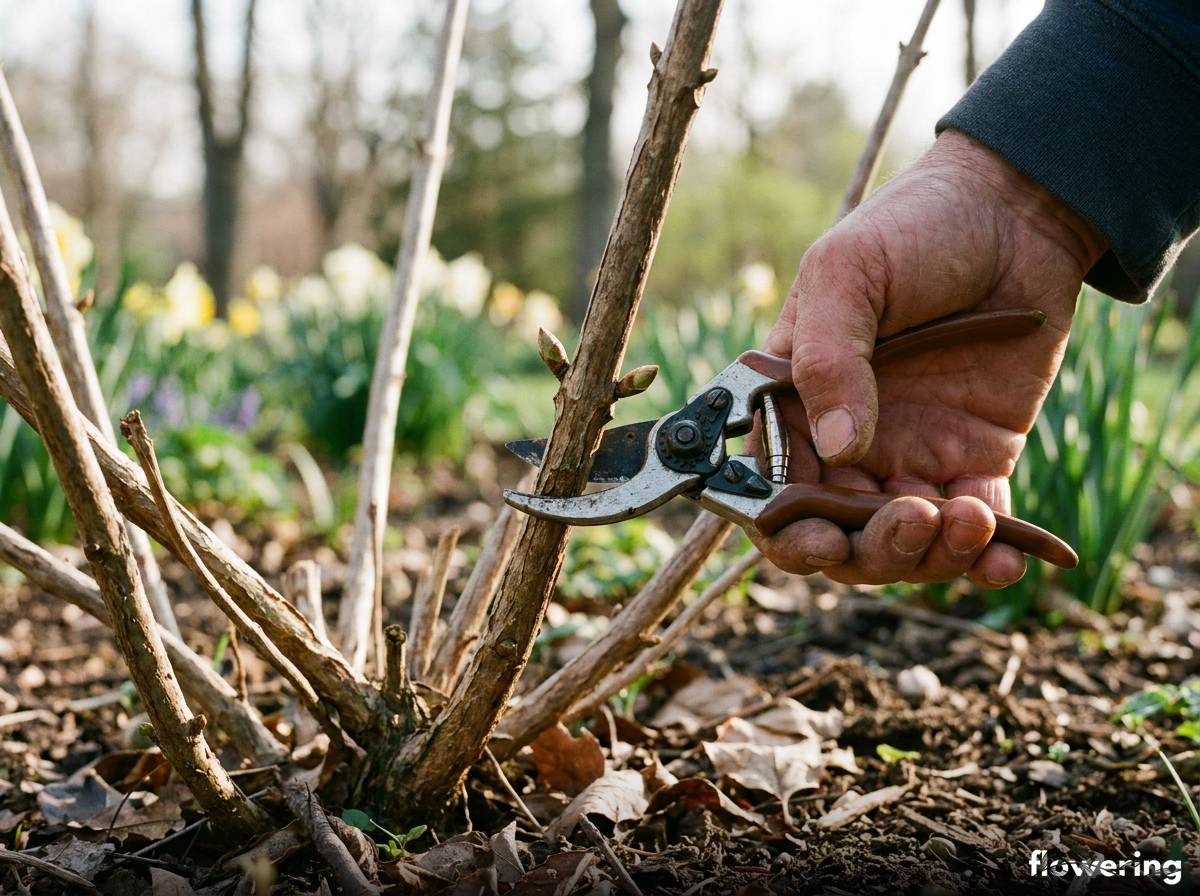 Dłoń przycinająca pęd hortensji bukietowej tuż nad pąkiem
