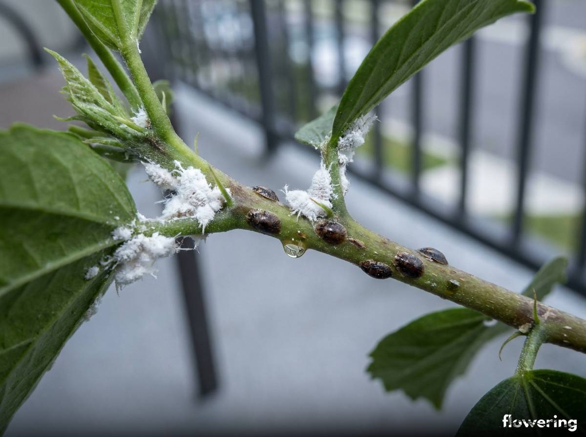 Wełnowce i tarczniki żerujące na pędzie hibiskusa na balkonie