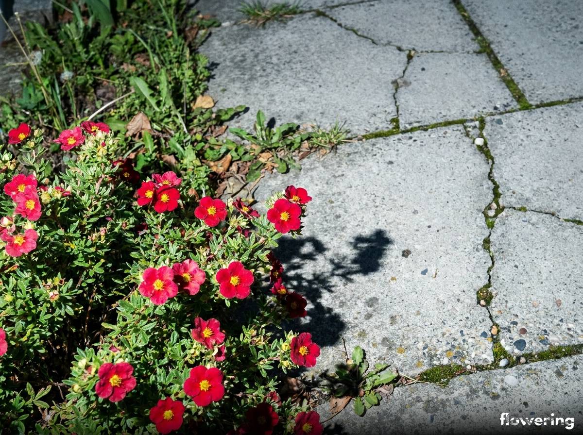 Czerwony pięciornik krzewiasty odmiany Red Ace na obrzeżu rabaty