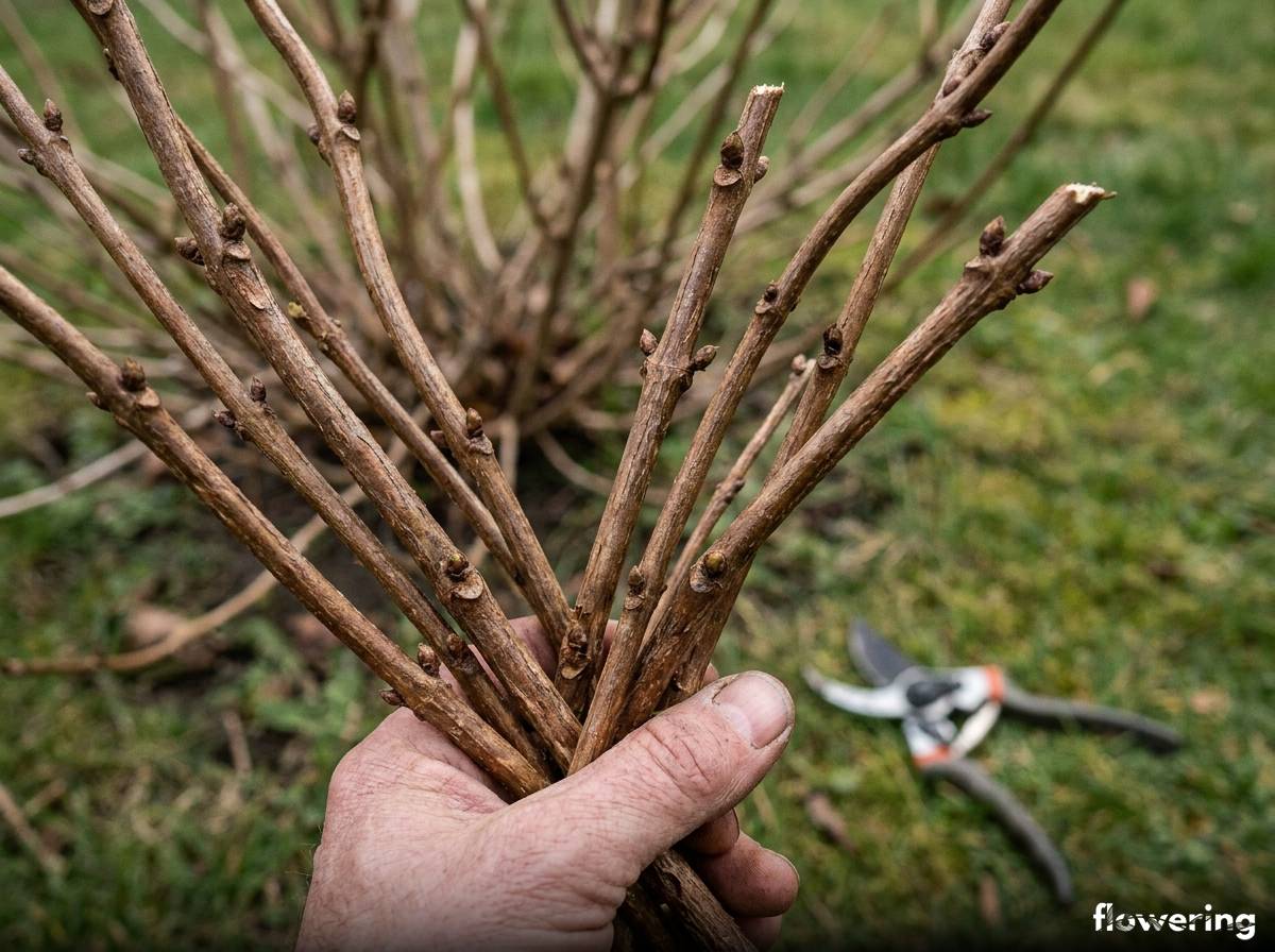 Dłoń trzyma zdrewniałe pędy hortensji bukietowej przygotowane na sadzonki
