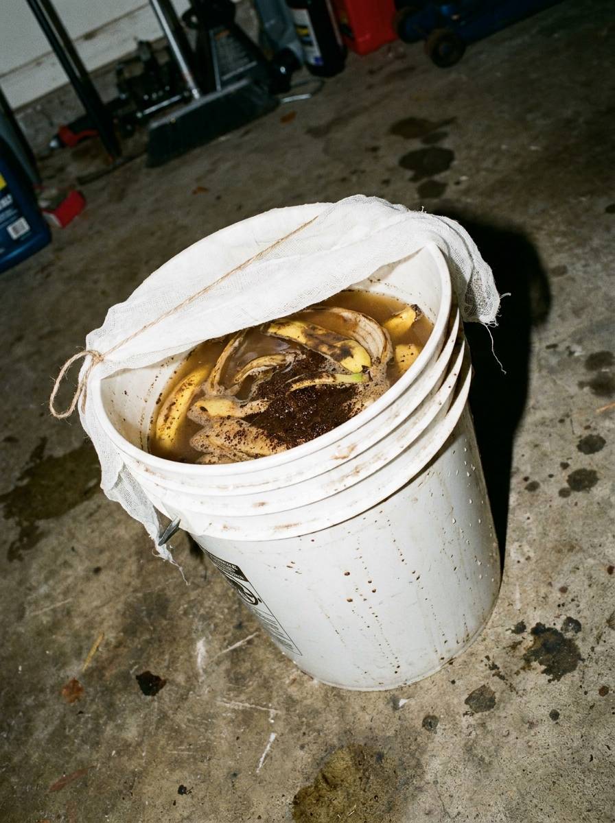 Wiadro z fermentującym domowym nawozem z fusów kawy i skórek banana przykryte gazą