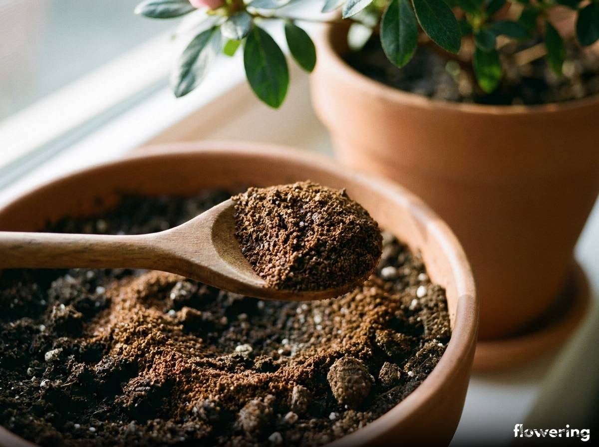 Fusy kawy wmieszane w podłoże doniczki z azalią jako domowy nawóz