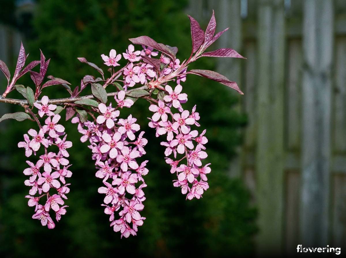 Zwisające grono różowawych kwiatów na purpurowym pędzie czeremchy zwyczajnej odmiany Colorata