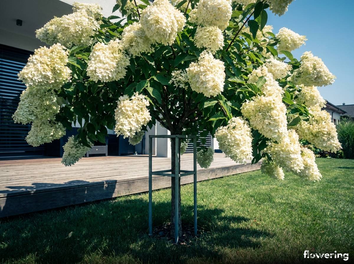 Hortensja bukietowa Grandiflora prowadzona jako drzewko ze zwisającymi wiechami